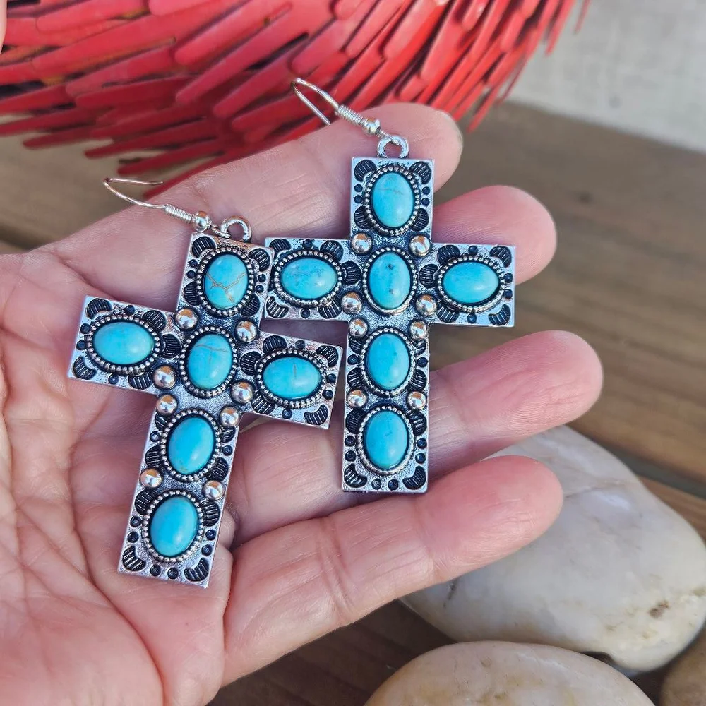 Western Boho Turquoise Cross Earrings - Picture 2 of 5